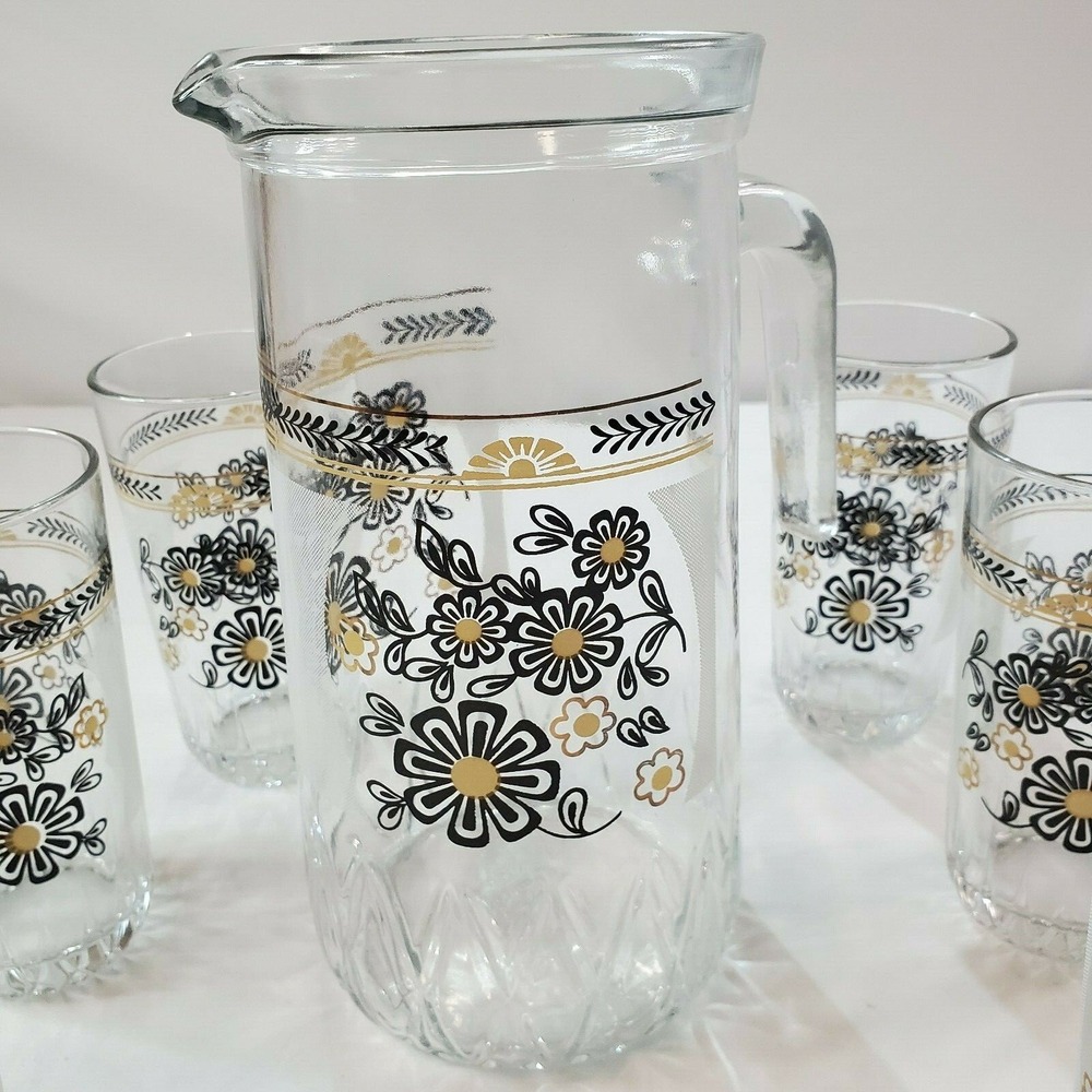 Vintage Cerve Glass Juice Pitcher & 6 Glasses Black & Gold Flowers Made in Italy
